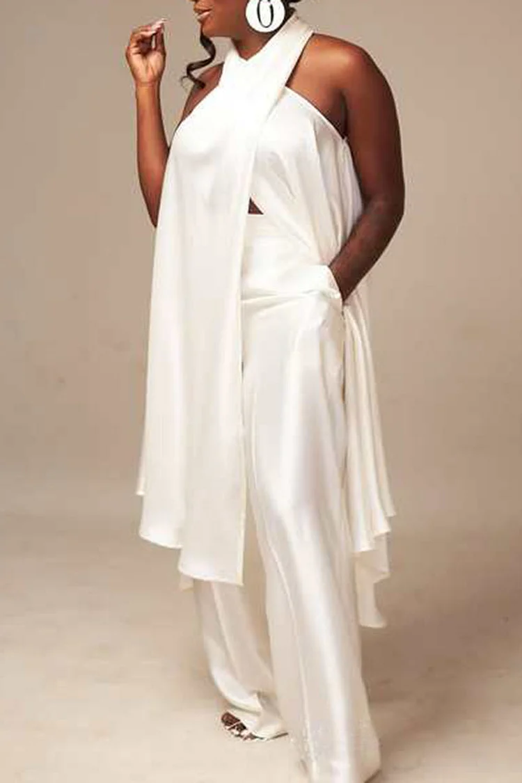 Plus Size Wedding Guest White Elegant Halter Collar Pocket Split Two Piece Pant Sets [Pre-Order]
