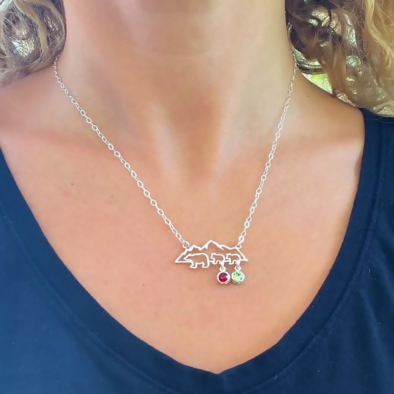 Mama Bear Necklace w/ 2 Cubs Sim Birthstones Personalized Necklace Mothers Day Gift
