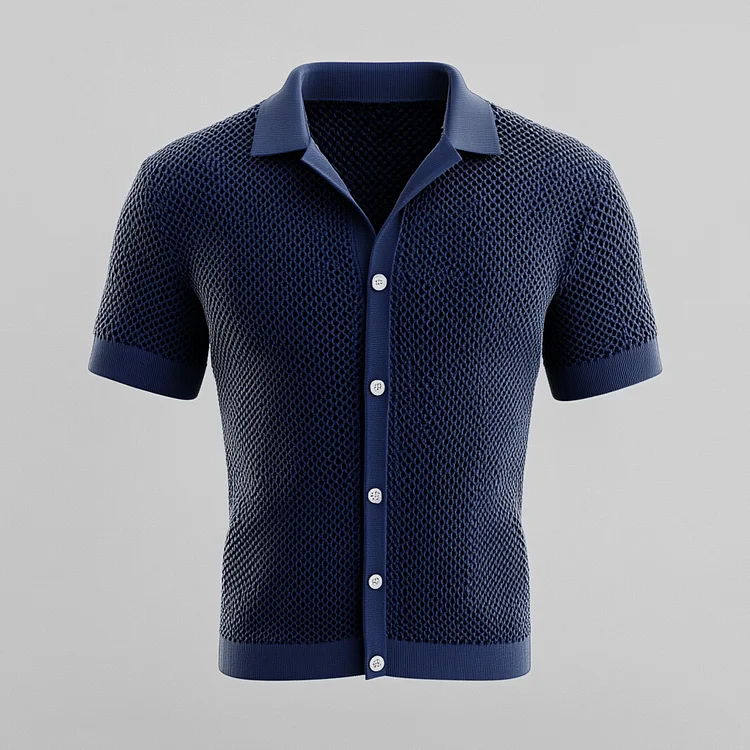 Men's Camp Collar Knit Hollow Out Button Short Sleeve Shirt