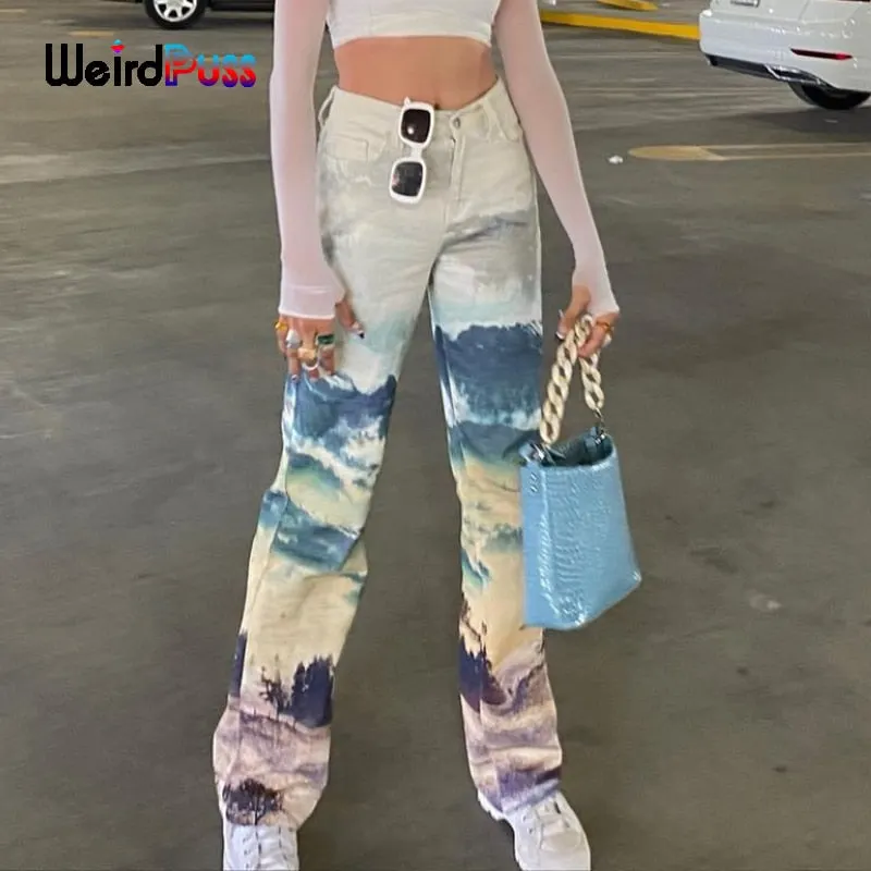 Weird Puss Y2K Cyber Cotton High Waist Pants Landscape Print Women Baggy Casual Straight  Jogger Chic Streetwear Summer Trousers