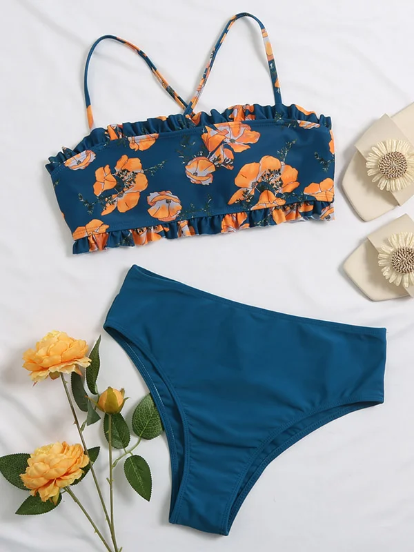 Floral-Print Color-Block Bandeau Split Bikini Swimsuit
