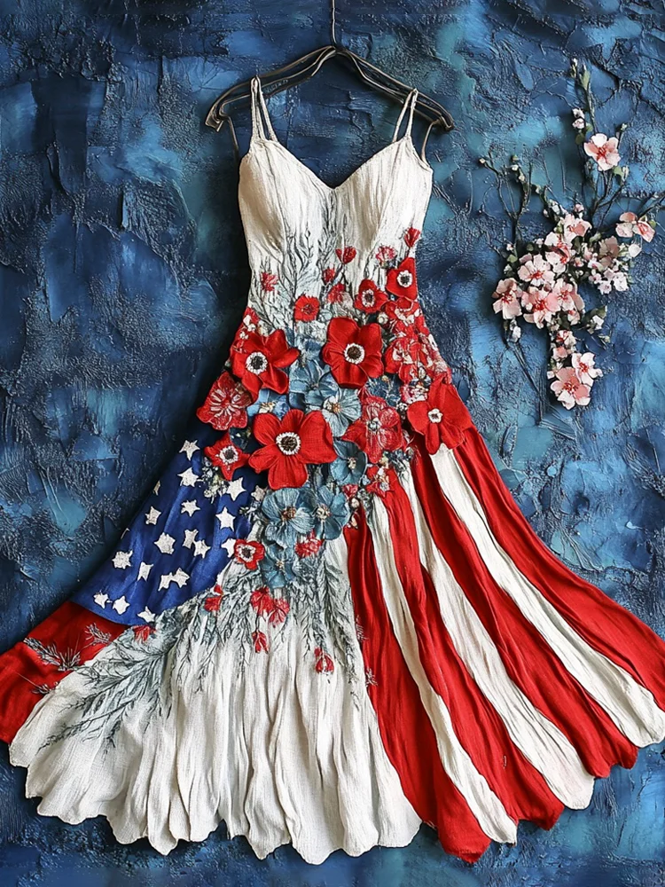 Independence Day Red Floral Women's Spaghetti Strap Dress