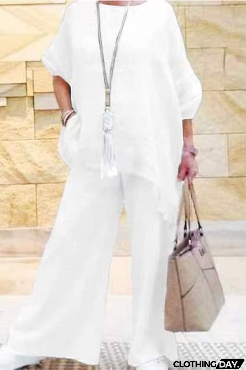 Casual Solid Pocket O Neck Nine Points Sleeve Two Pieces