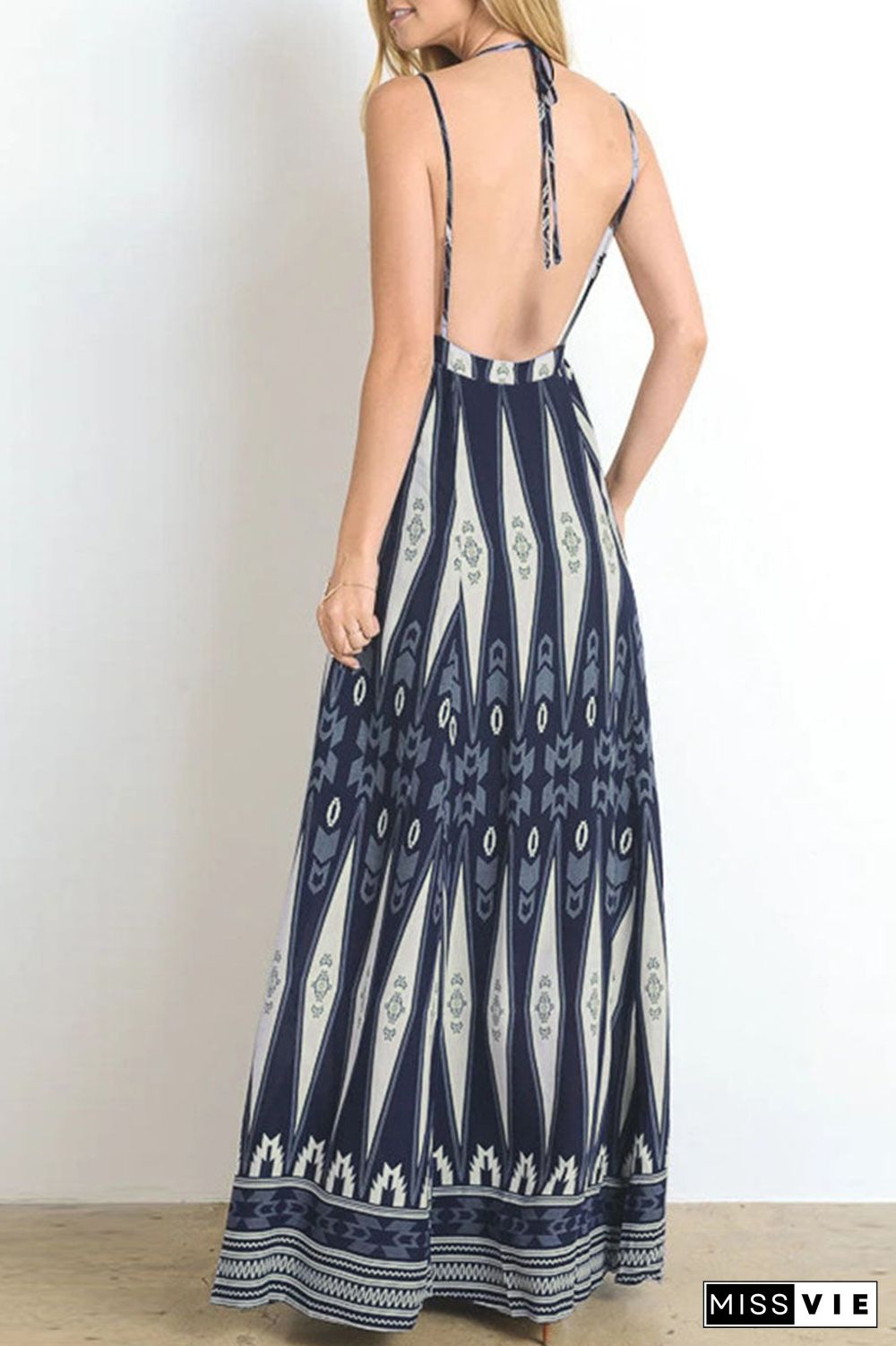 Fashion Bohemian Print Split Joint Backless V Neck A Line Dresses