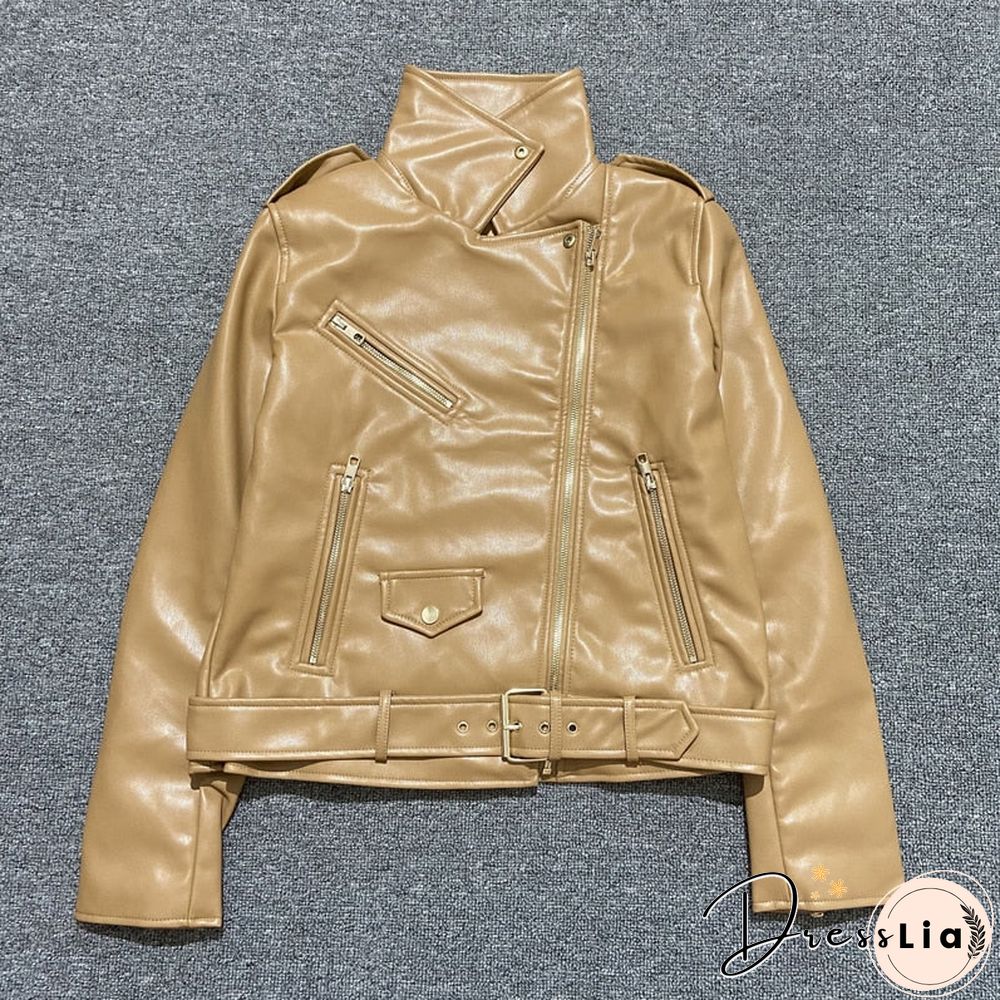 Spring Autumn Women Faux Leather Jacket Ladies Solid With Belt Zipper Biker Coat Female Casual Outwear