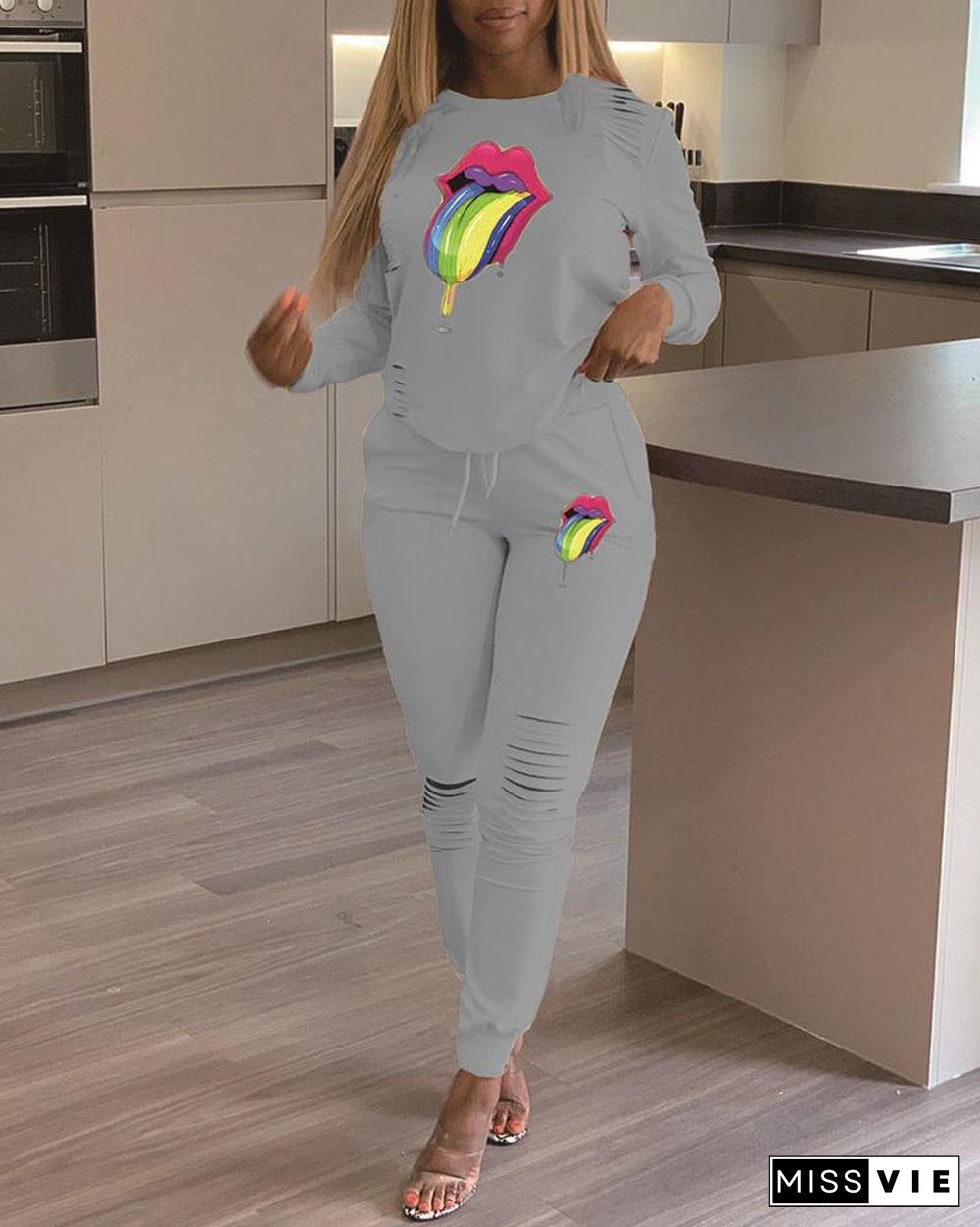 Mouth Pattern Ribbed Tracksuit