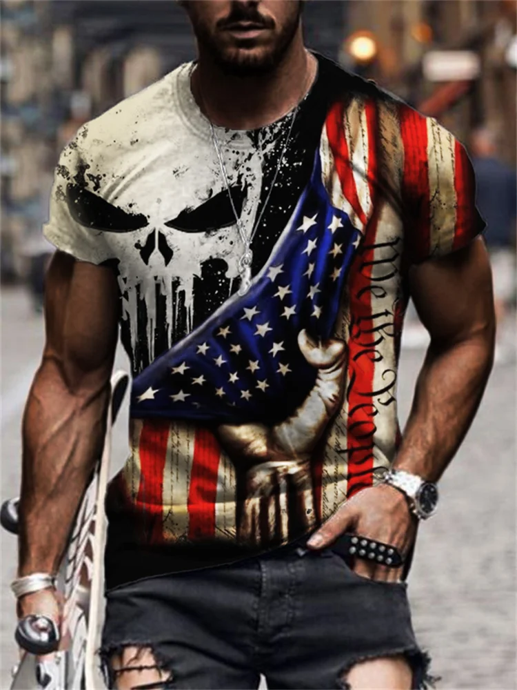 BrosWear Men's We the People American Flag Skull Contrast T Shirt