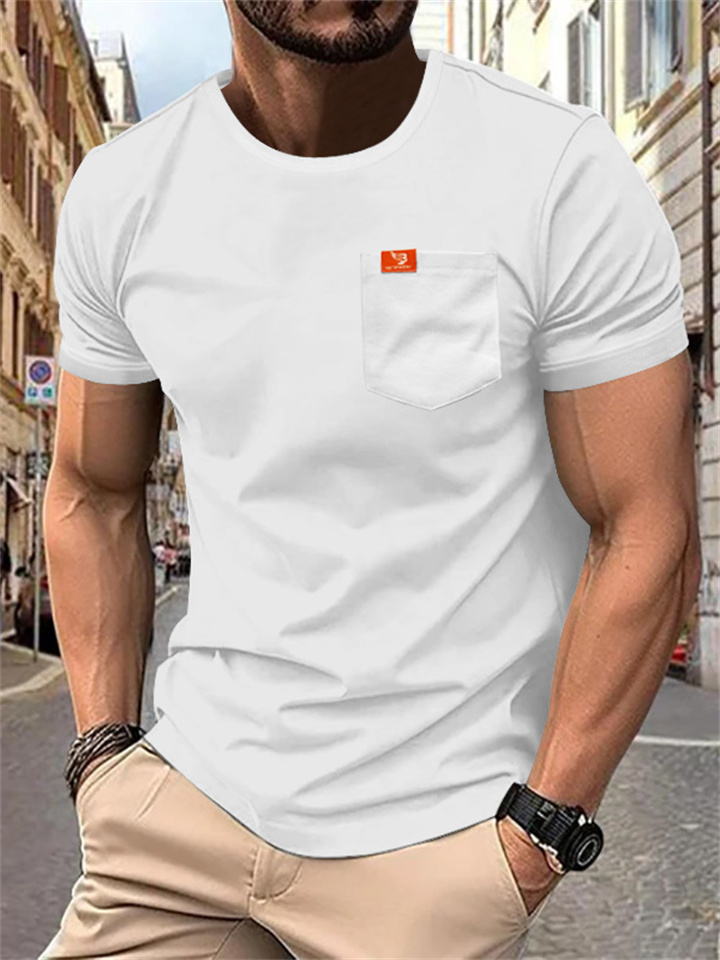New Men's Large Size Solid Color T-shirt Fashion Casual Pockets Slim Type Round Neck T-shirt