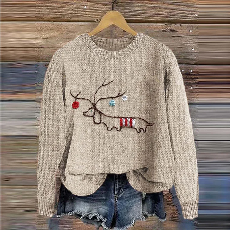 Christmas Dachshund Round Neck Casual Sweater