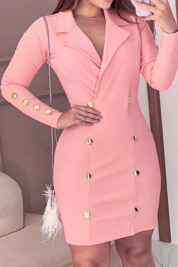 Solid Color Notched Lapel Classic Button Decor Mini Dress