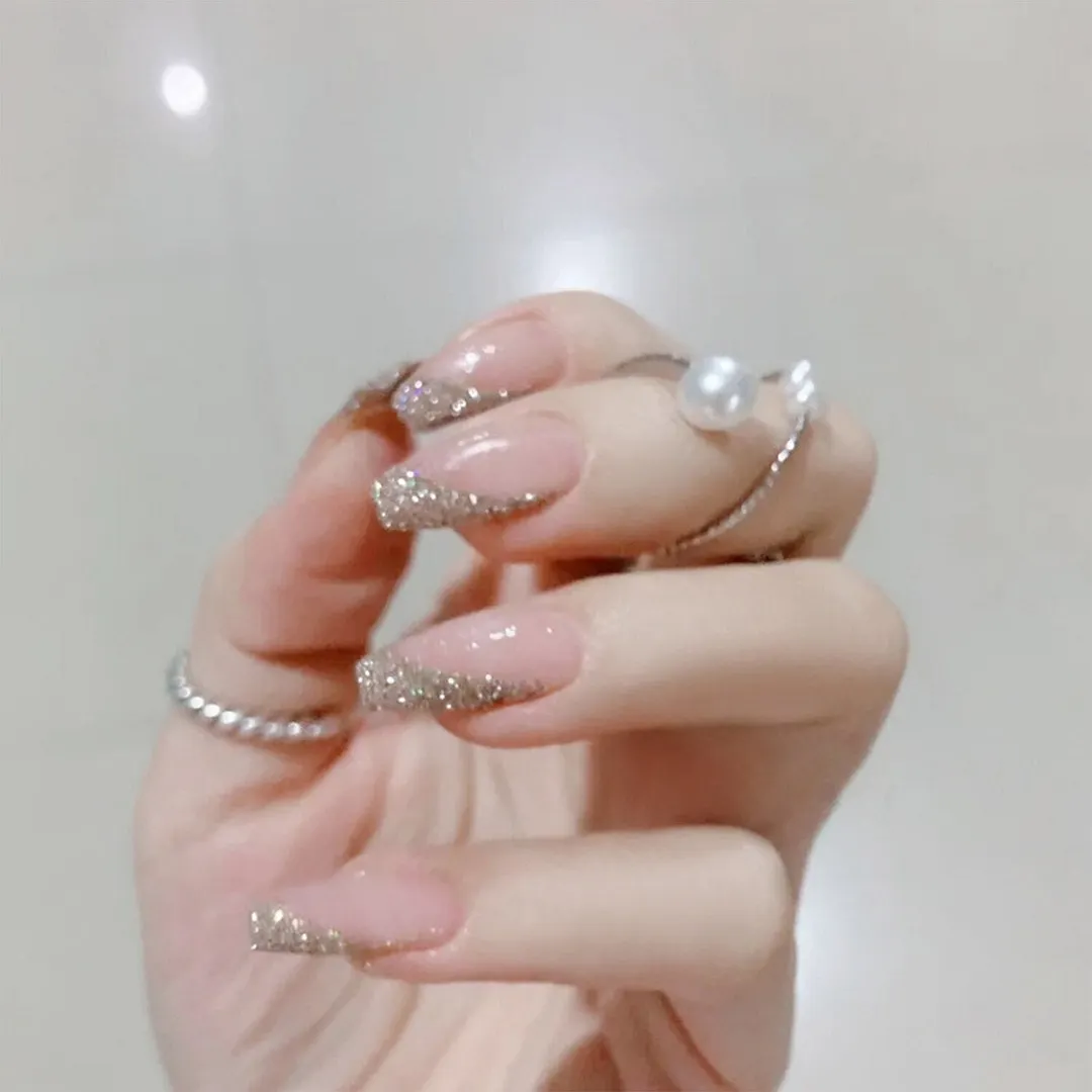 24pcs/box Middle length Ballet nude pink Color false nails with design with heart pattern artificial nails with jelly glue