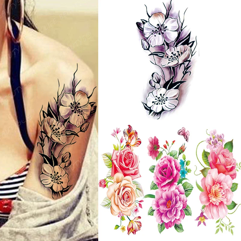 Sdrawing Transfer Pink Henna Rose Flower Temporary Tattoo Sticker Butterfly Pattern Body Art Waterproof Fake Woman's Flash Tattoo
