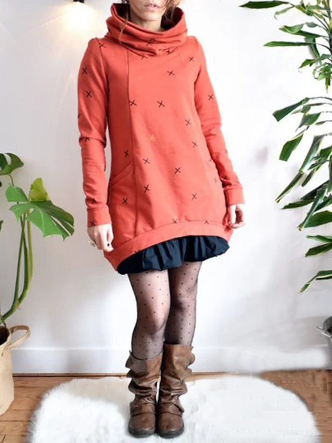 Cowl Neck Cotton-Blend Casual Hoodie Dresses