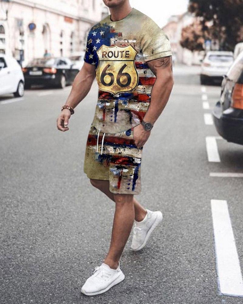 Men's Sport Route 66 American Flag Printed Casual Shorts Suit