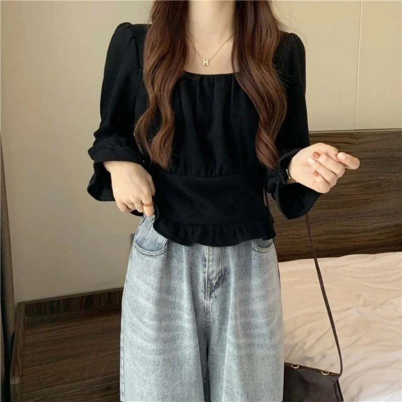 Jangj Spring Summer New French Design Long Sleeve Square Neck Shirt Folds Solid Color Flare Sleeve Blouse Casual Fashion Clothing