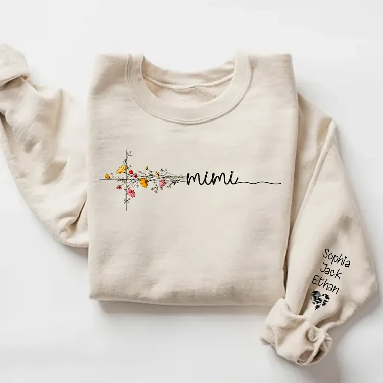 Personalized Mimi Sweatshirt, Custom Grandkids Names Sleeve, Floral Cross Mimi Shirt, Grandma Sweatshirt, Gift for Mimi