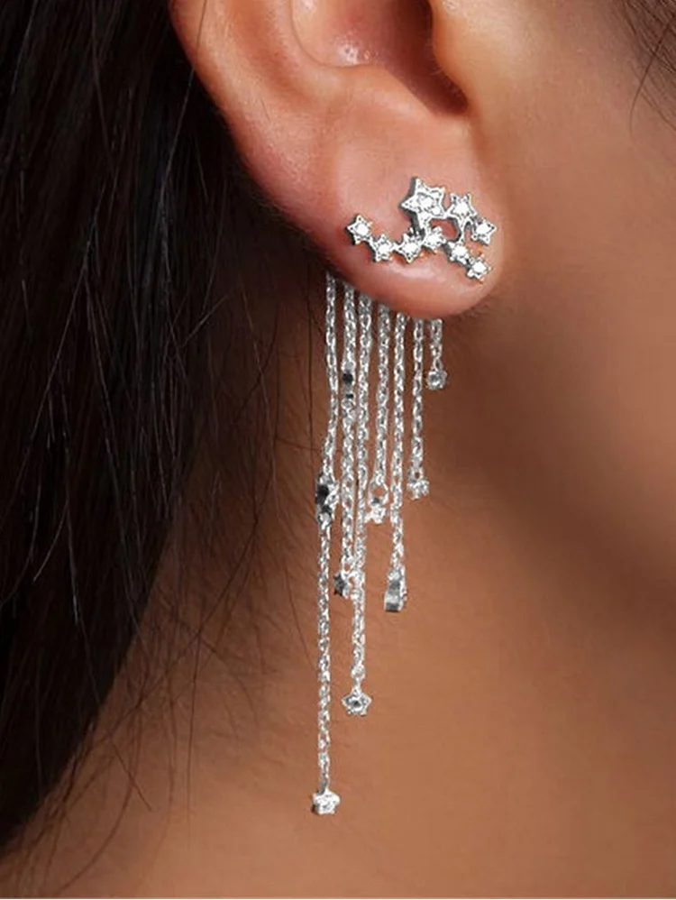 Star Design Tassel Rhinestone Decor Earrings