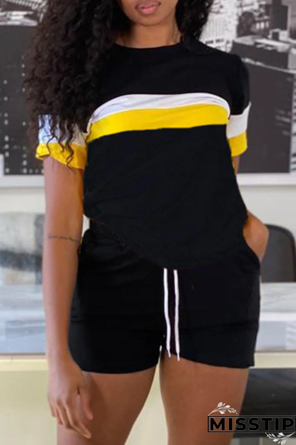 Black Fashion Casual Patchwork Basic O Neck Short Sleeve Two Pieces
