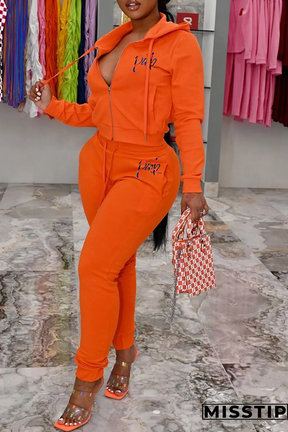 Black Casual Print Draw String Zipper Collar Long Sleeve Two Pieces