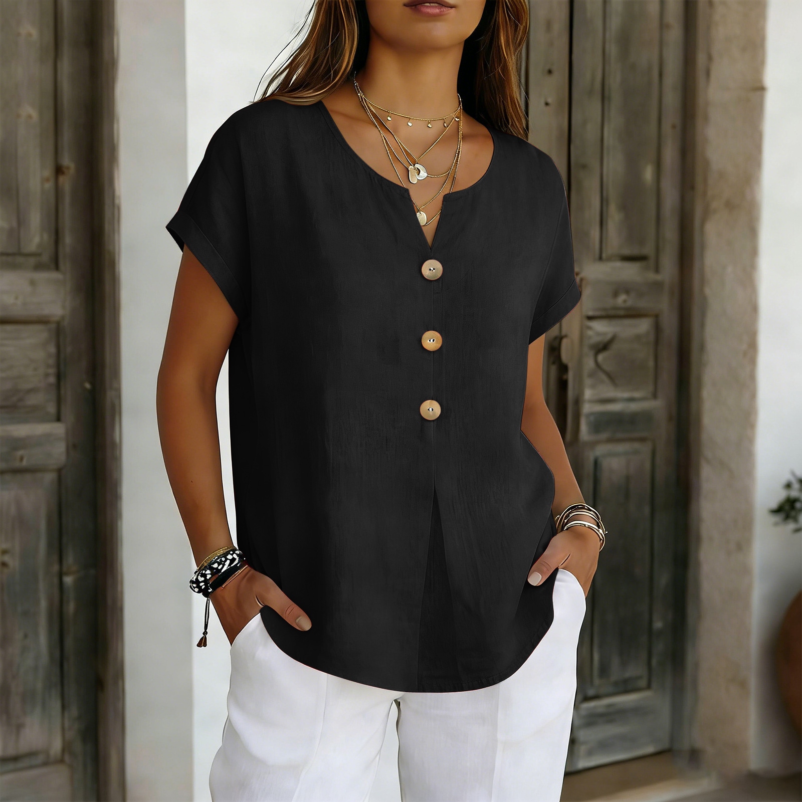Women's Solid Color Short Sleeve Button Design Linen Blend T-shirt elevenforest