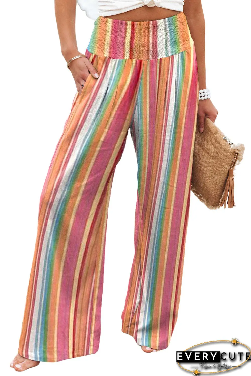 Multicolor Striped Smocked High Waist Wide Leg Pants