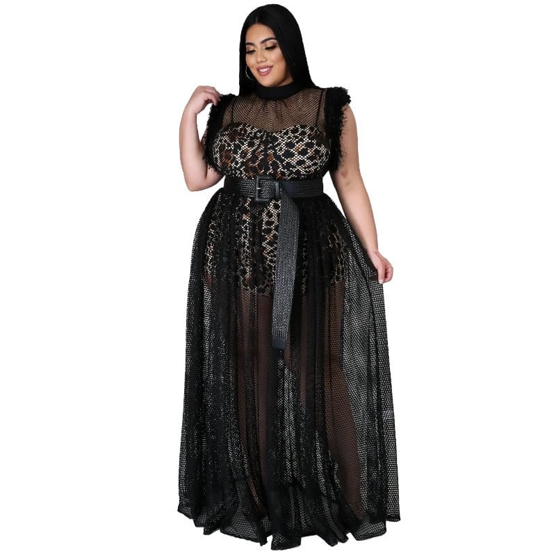 Plus Size Black Dress Summer 2021 Wholesale Dropshipping Leopard Print Inside and Sexy Mesh Full Length Party Dresses for Women