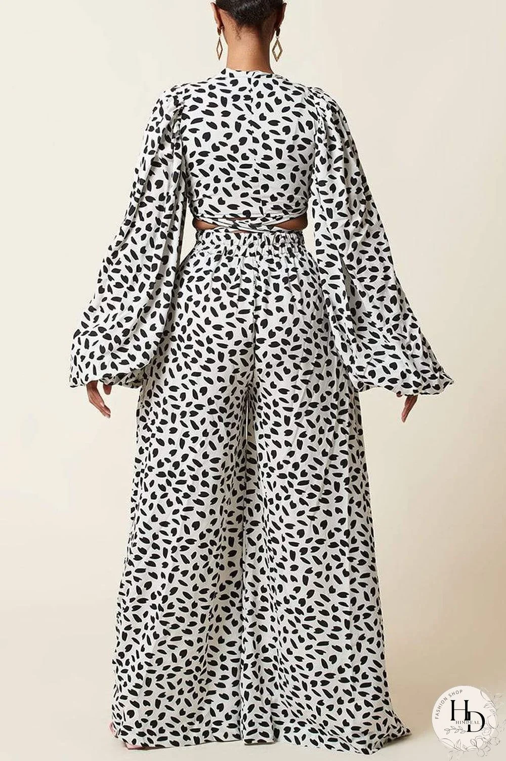 Black Fashion Casual Print Bandage V Neck Long Sleeve Two Pieces