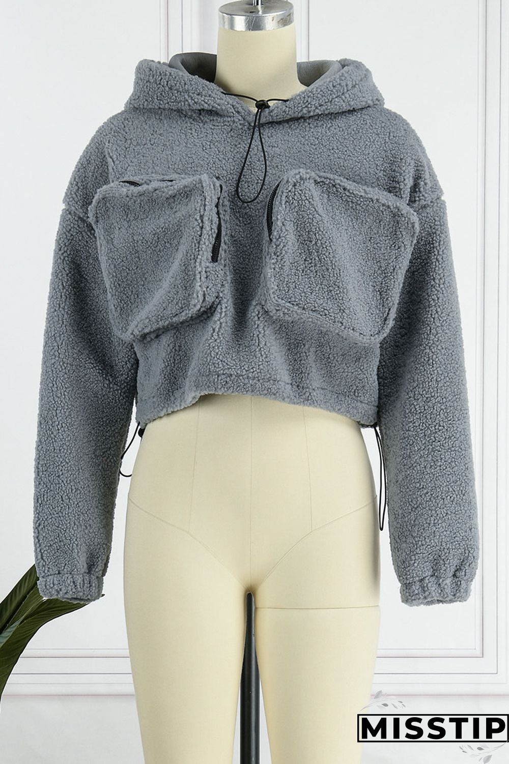 Grey Casual Solid Patchwork Pocket Hooded Collar Tops