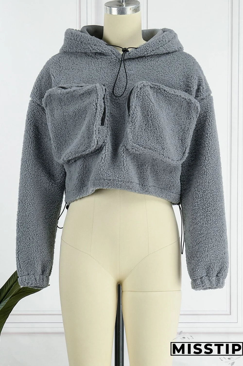 Grey Casual Solid Patchwork Pocket Hooded Collar Tops