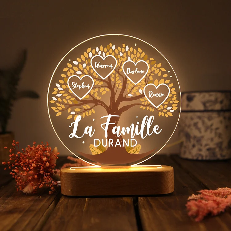 Lampe de chevet Arbre de Vie LED Lumières 4 Prénoms et 1 Texte Personnalisés pour Famille Jessemade FR