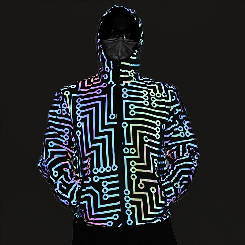 Woherb Circuit Grain Jacket Geometric Pattern Rainbow Color Reflective Jacket Hip Hop Mechanical Dance Dazzle Color Reflective Jacket-Outfit Ideas