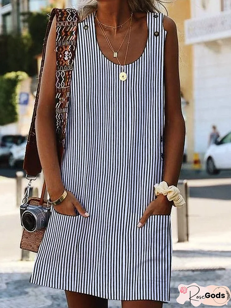 Women Crew Neck Shift Boho Pockets Striped Sleeveless Dress