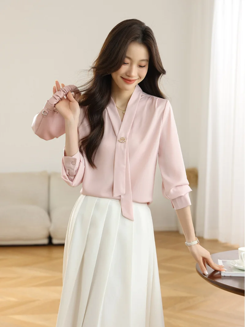 Athvotar Athvotar 2025 New Denatry White Shirt Lady Long Sleeve Spring Commuting Professional Shirt Temperament Ribbon