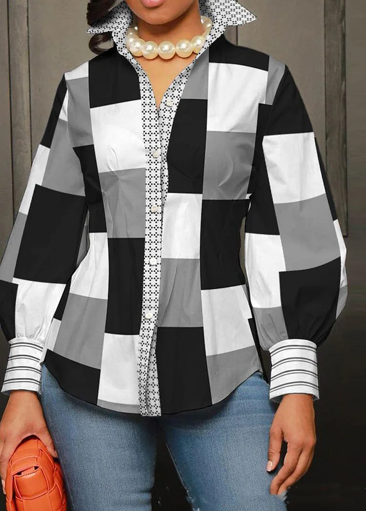 Stylish Lantern Sleeve Long Sleeve Contrast  Color Contrast Plaid Print Blouses