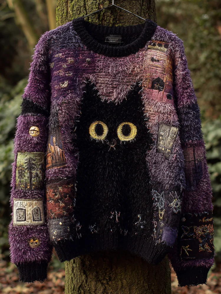 Women's Casual Vintage Halloween Black Cat Embroidered Sweater