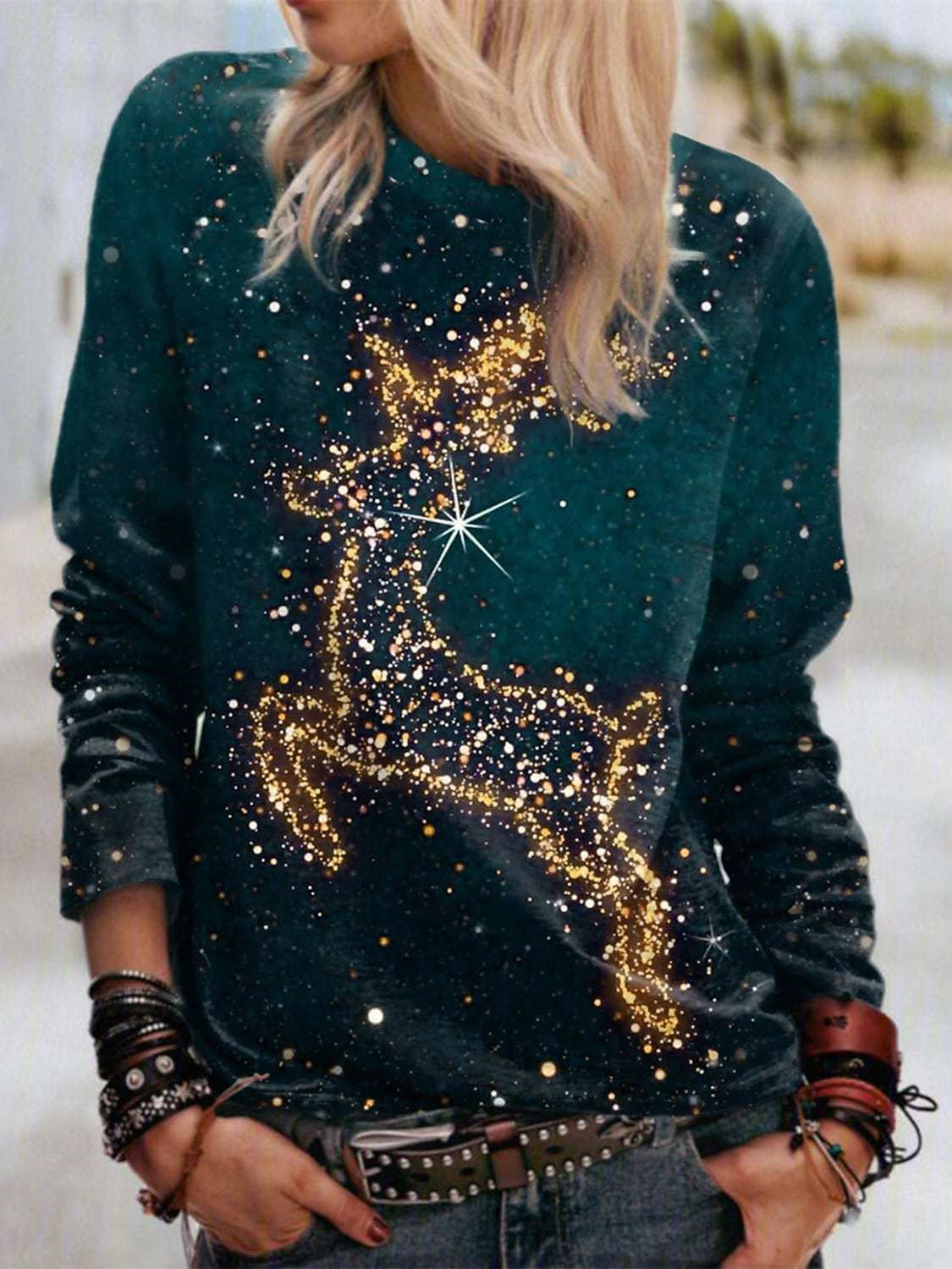 Women's Christmas Graphic Solid Color Scoop Neck Long Sleeve Top