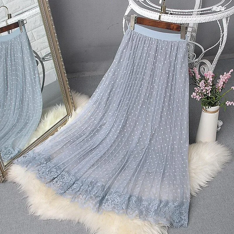 2021 Spring Elegant Lace Patchwork Mesh Midi Skirts Women Elastic waist Polka Dot print Pleated Skirt A Line Long Tulle Skirt