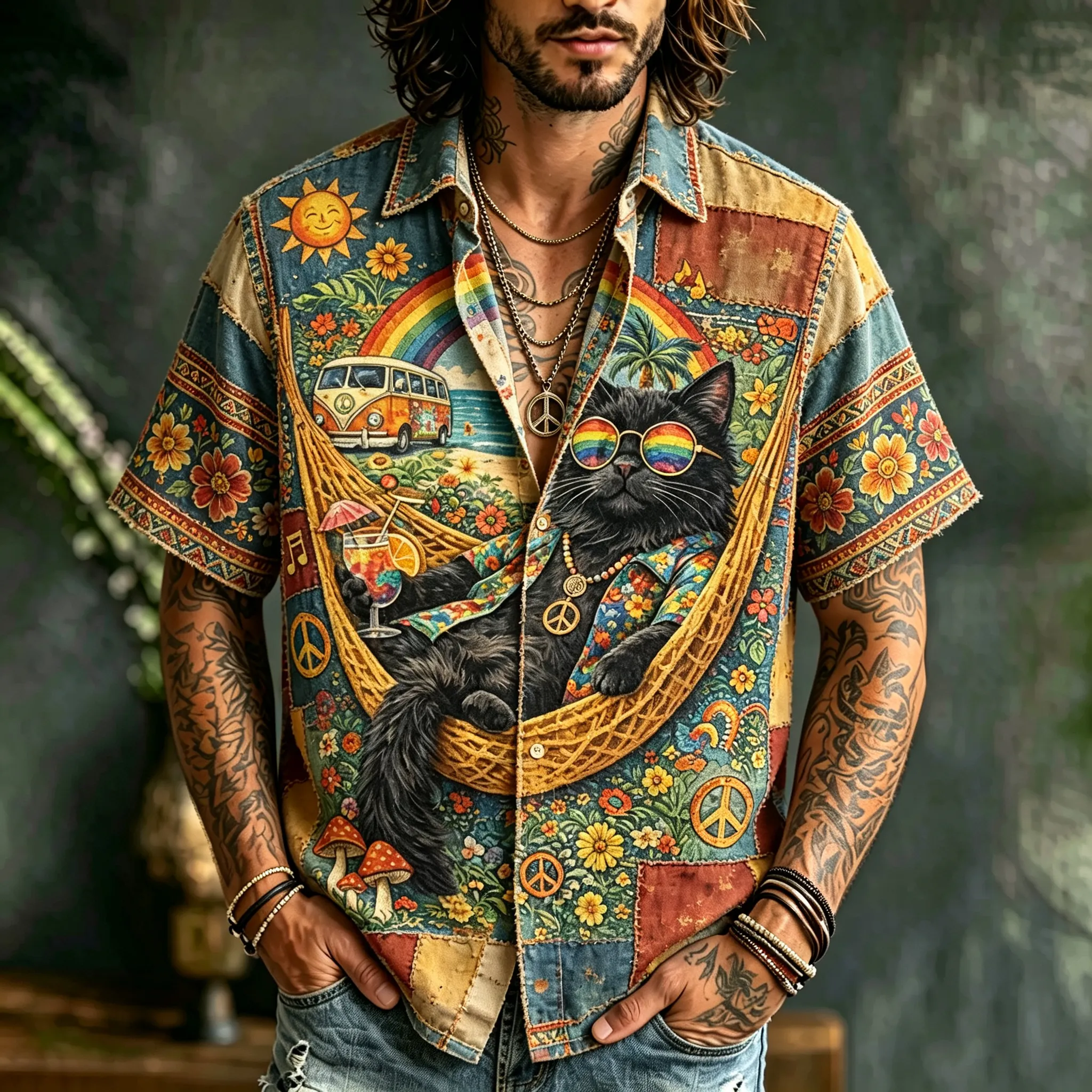 Men's Retro Ethnic Black Cat Hippie Print Short-sleeve Shirt  artssus