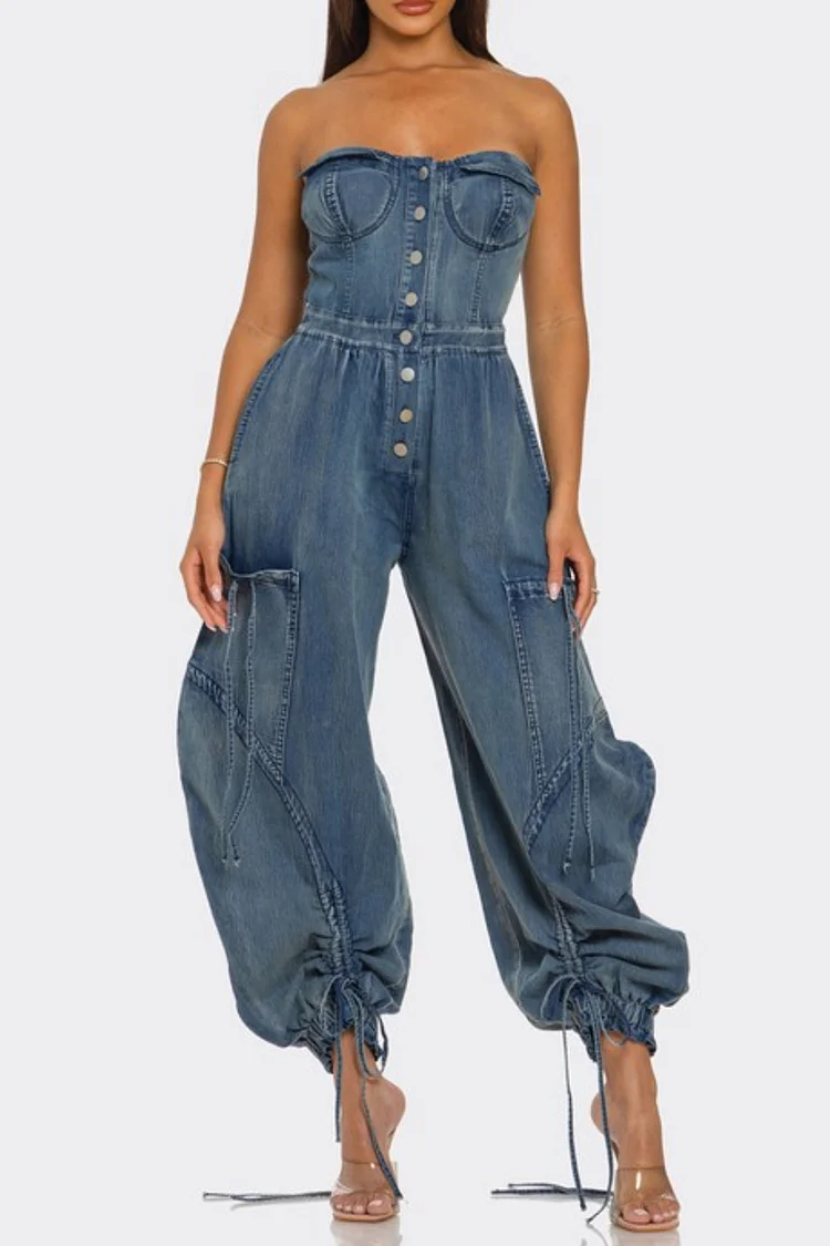 Plus Size Party Blue Ruched Pocket Denim Jumpsuits [Pre-Order] 2024 - Xpluswear