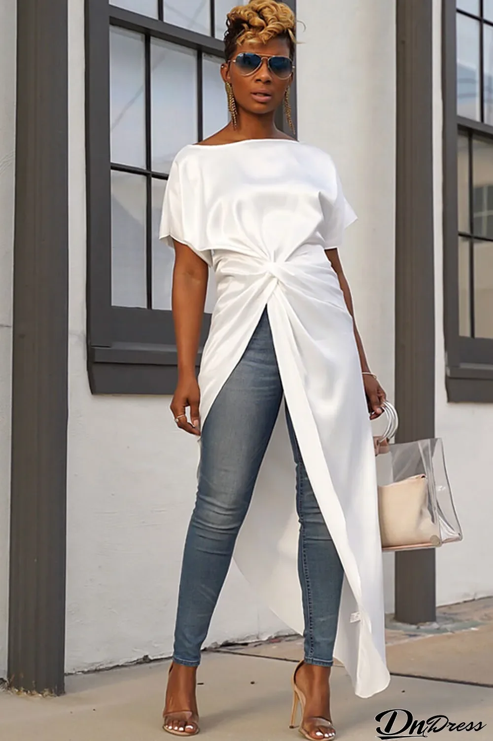 White One word collar Short Sleeve Solid asymmetrical Patchwork bow-knot HOLLOWED OUT Tees & T-