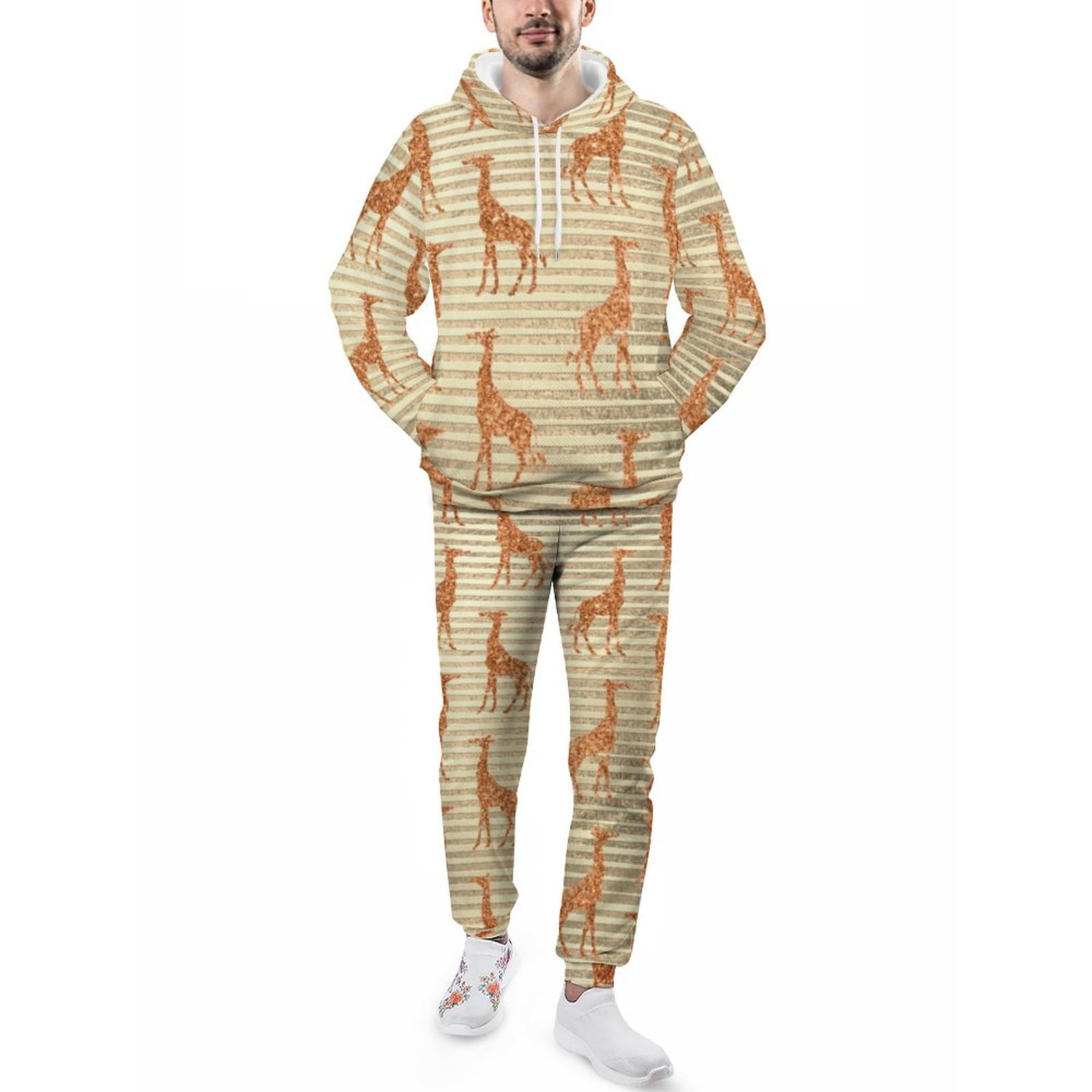 Printed Glittery Giraffe On Gold Foil Men's Tracksuit 2 Piece Hoodie Sweatsuit Sets Casual Jogging Athletic Suits