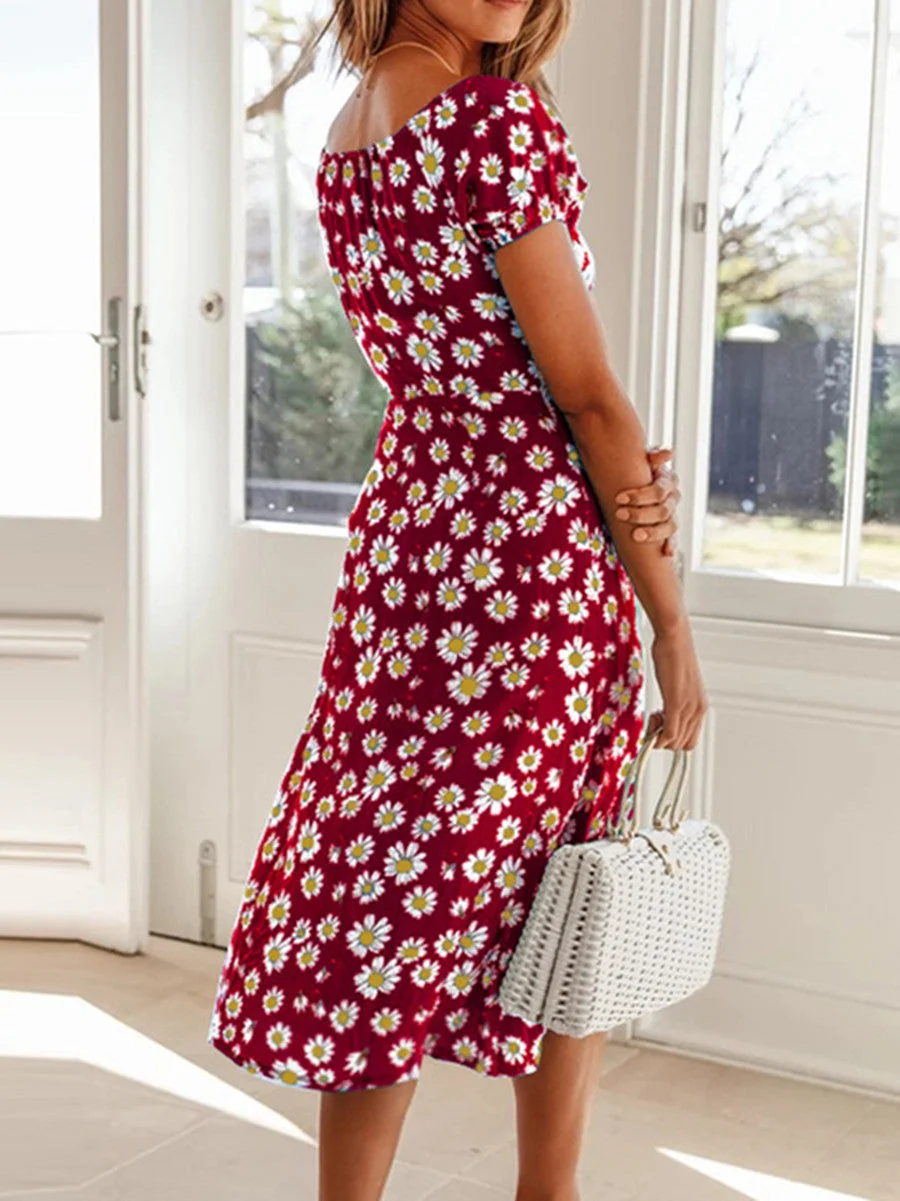 Daisy flower square neck drawstring hem split dress