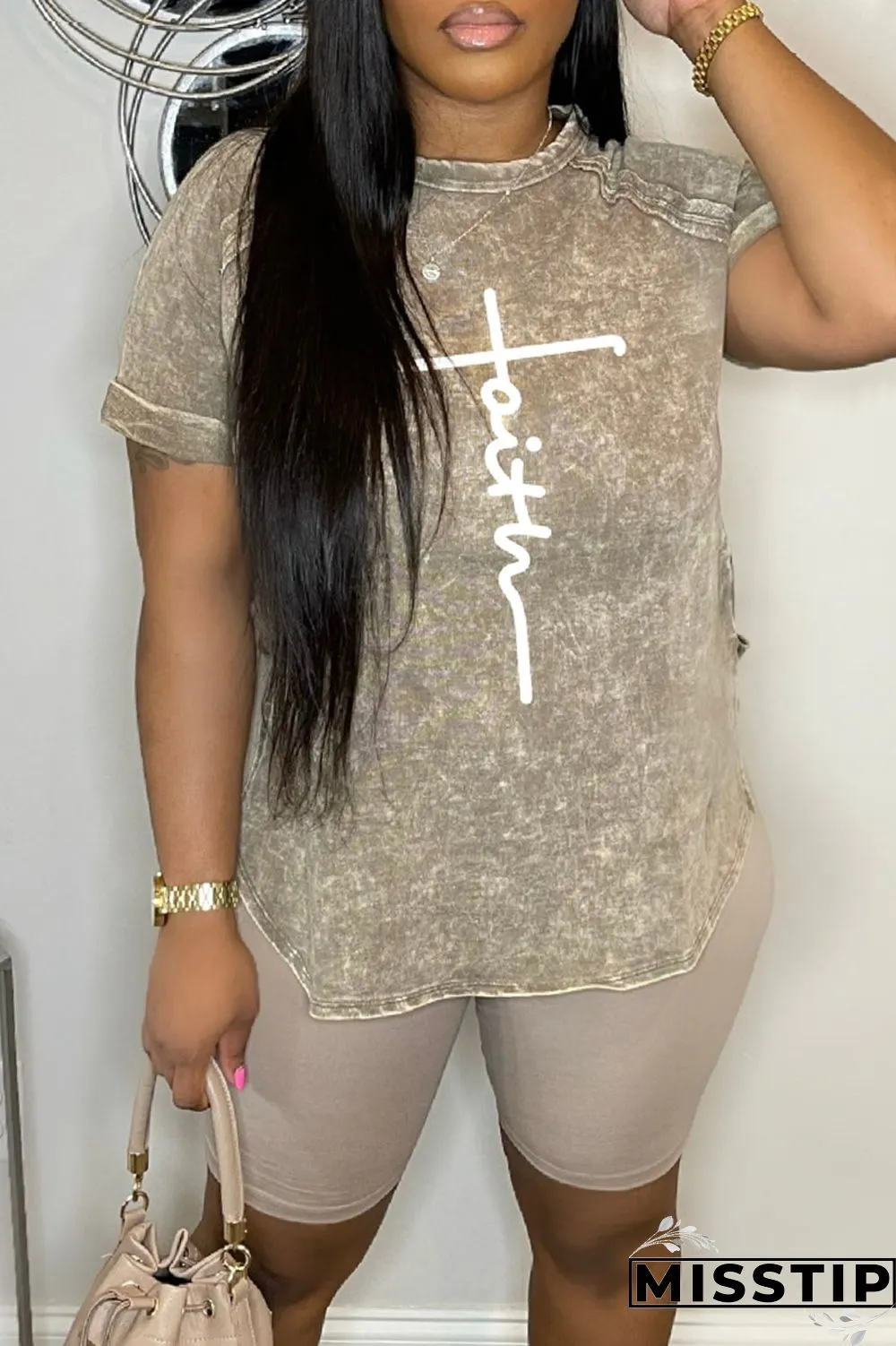 Black Casual Print Basic O Neck Short Sleeve Two Pieces