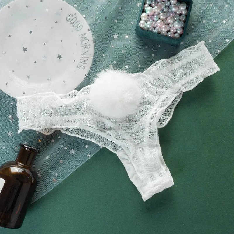 Sexy Lace Thong Women's Panties Underpants Breathable Female Transparent Fashion Detachable Hair Ball Lady G-string Briefs