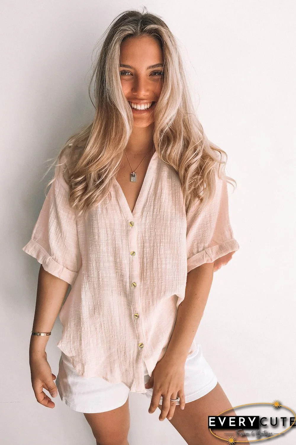 Beige Loose V Neck Button Short Sleeve Shirt