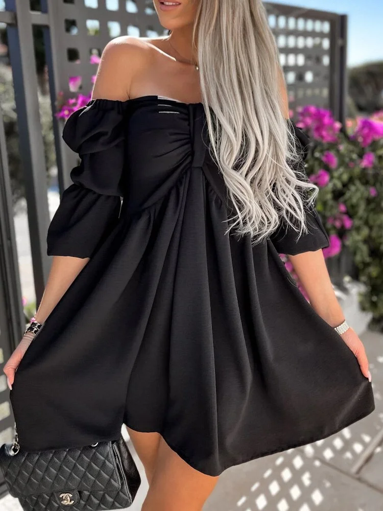 UForever21 Summer Casual Women Holiday Puff Sleeve Dress Mini Slim Streetwear Solid Party Dress Female Backless Beach Off Shoulder Dresses