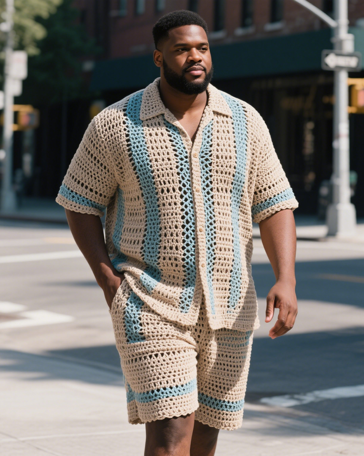 Men's Plus Size Blue Crochet Shirt Shorts Suit