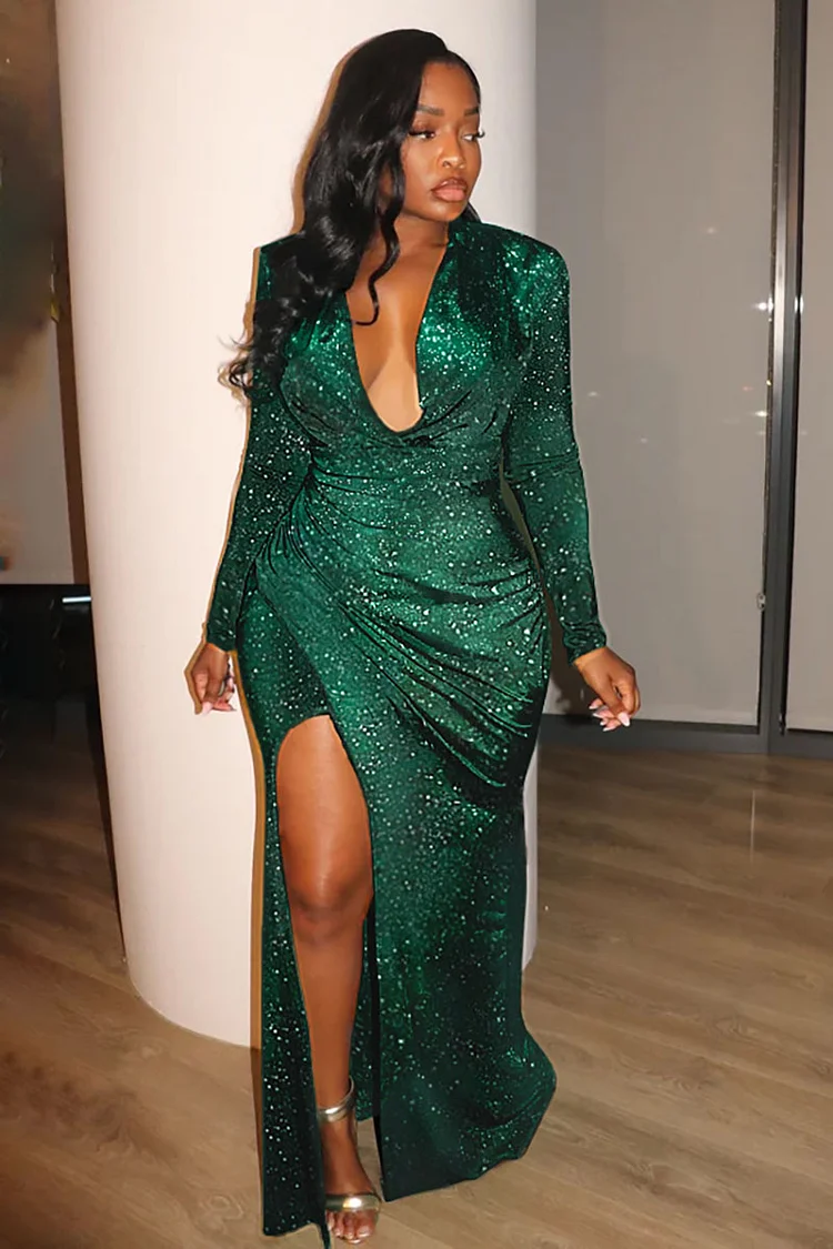 Deep V Neck Long Sleeve Wrapped High Slit Sparking Gowns Maxi Dresses-Green