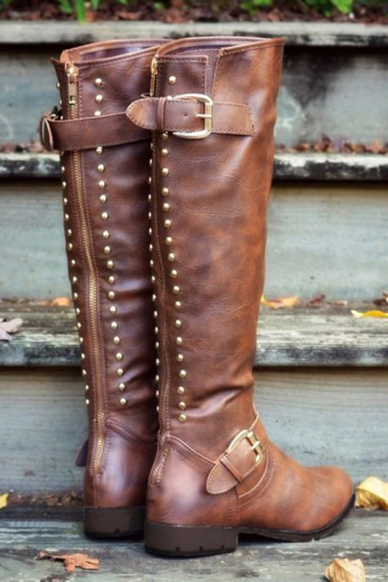 PU Leather Rivet Plain Heels Booties