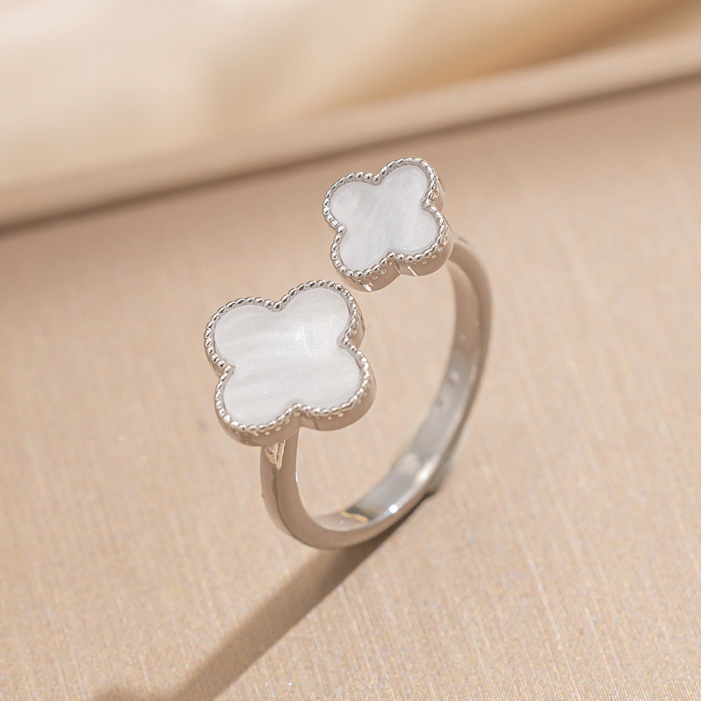 Korean Korean Classic Black And White Leaf Open Ring Adjustable Size Index Finger Ring Female Gift